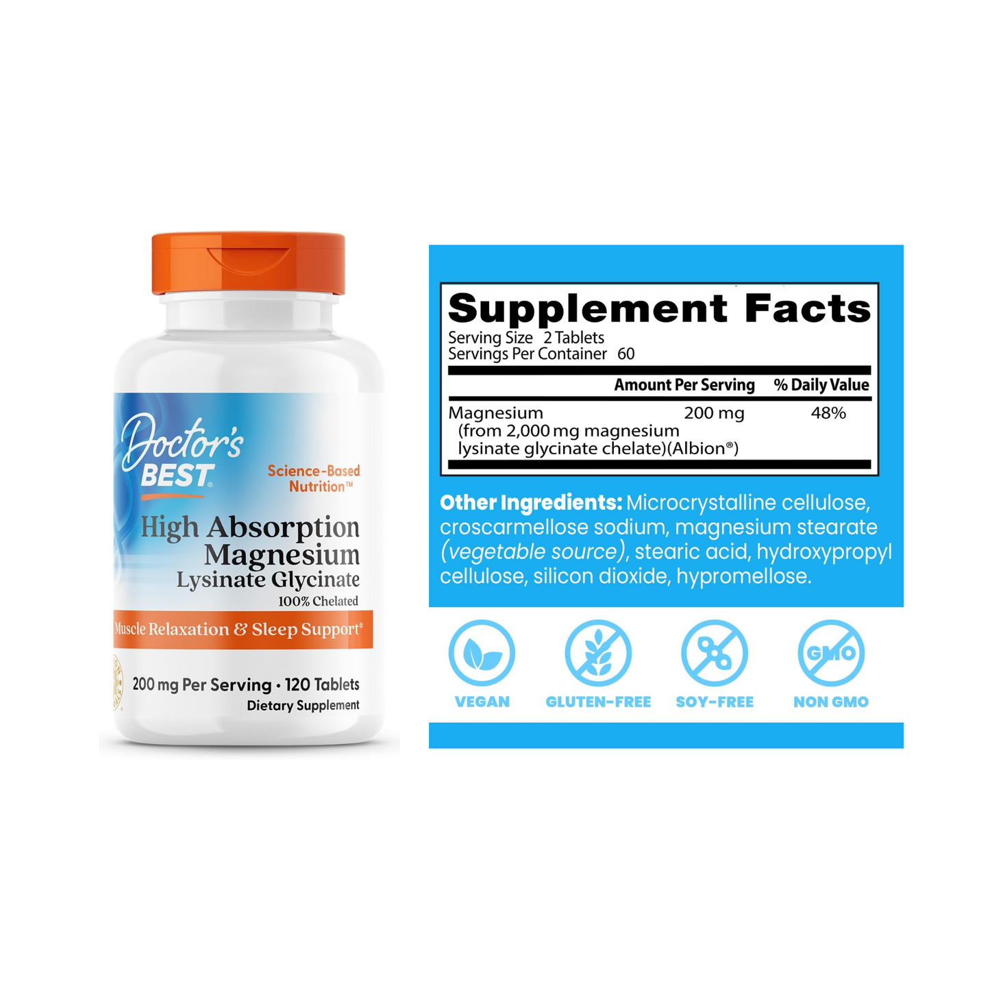 Doctor's Best Chelated Magnesium Glycinate, 200mg per serving (120/240 tablets)