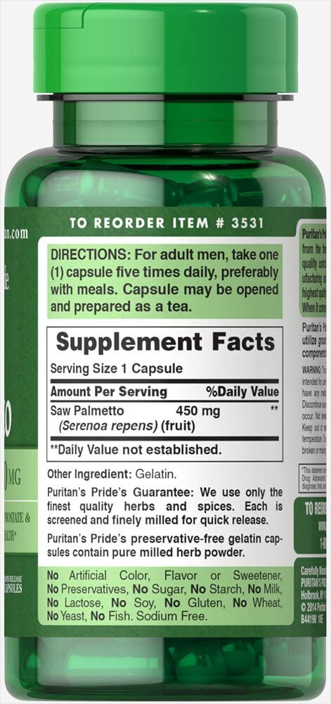 Puritan's Pride Saw Palmetto 450mg, 100 capsules