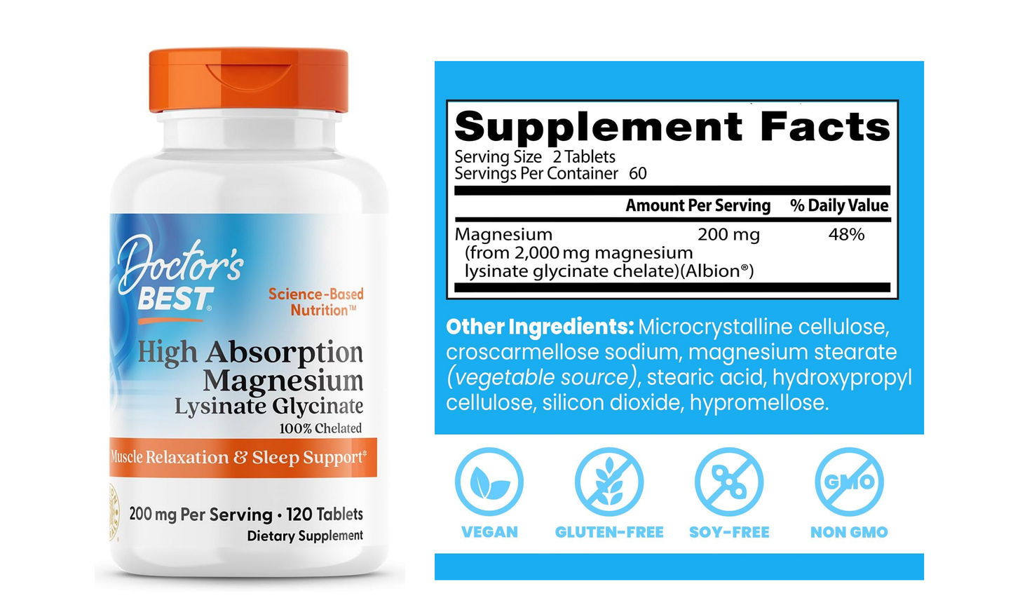 Doctor's Best Chelated Magnesium Glycinate, 200mg per serving