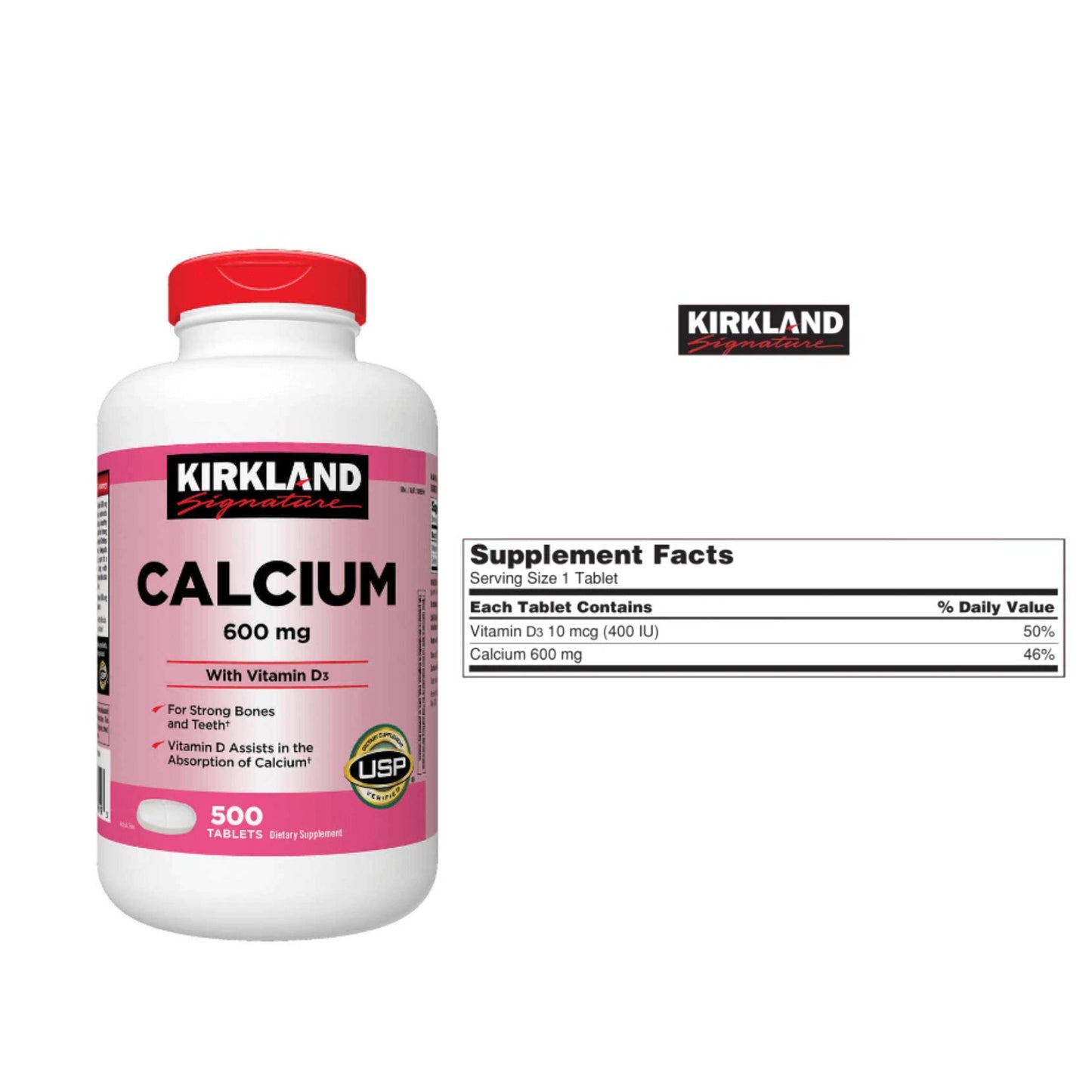 Kirkland Signature Calcium 600mg with Vitamin D3 – Bone Health Support Supplement (500 Tablets)