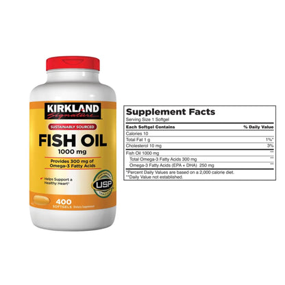Kirkland Signature Fish Oil 1000mg – Omega-3 Fatty Acids for Heart & Brain Health (400 Softgels)