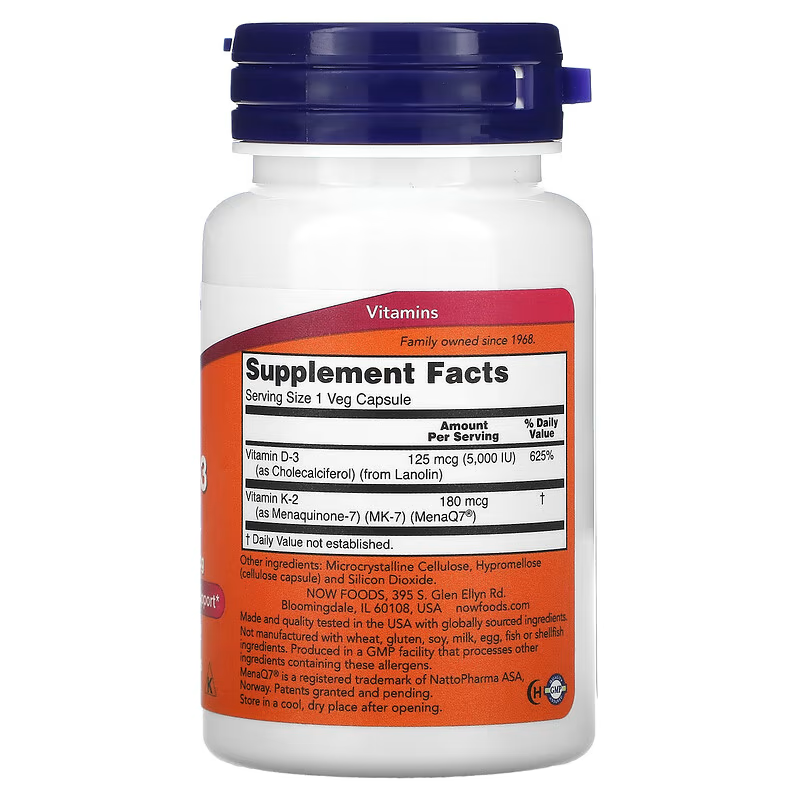 NOW Mega Vitamin D-3 5,000 IU & MK-7,  180mcg, 60 Capsules