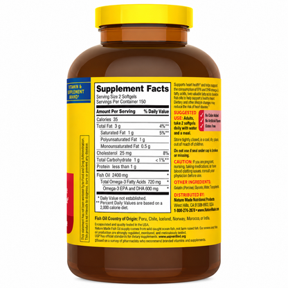 Nature Made Omega-3 Fish Oil, 2400mg, 300 softgels