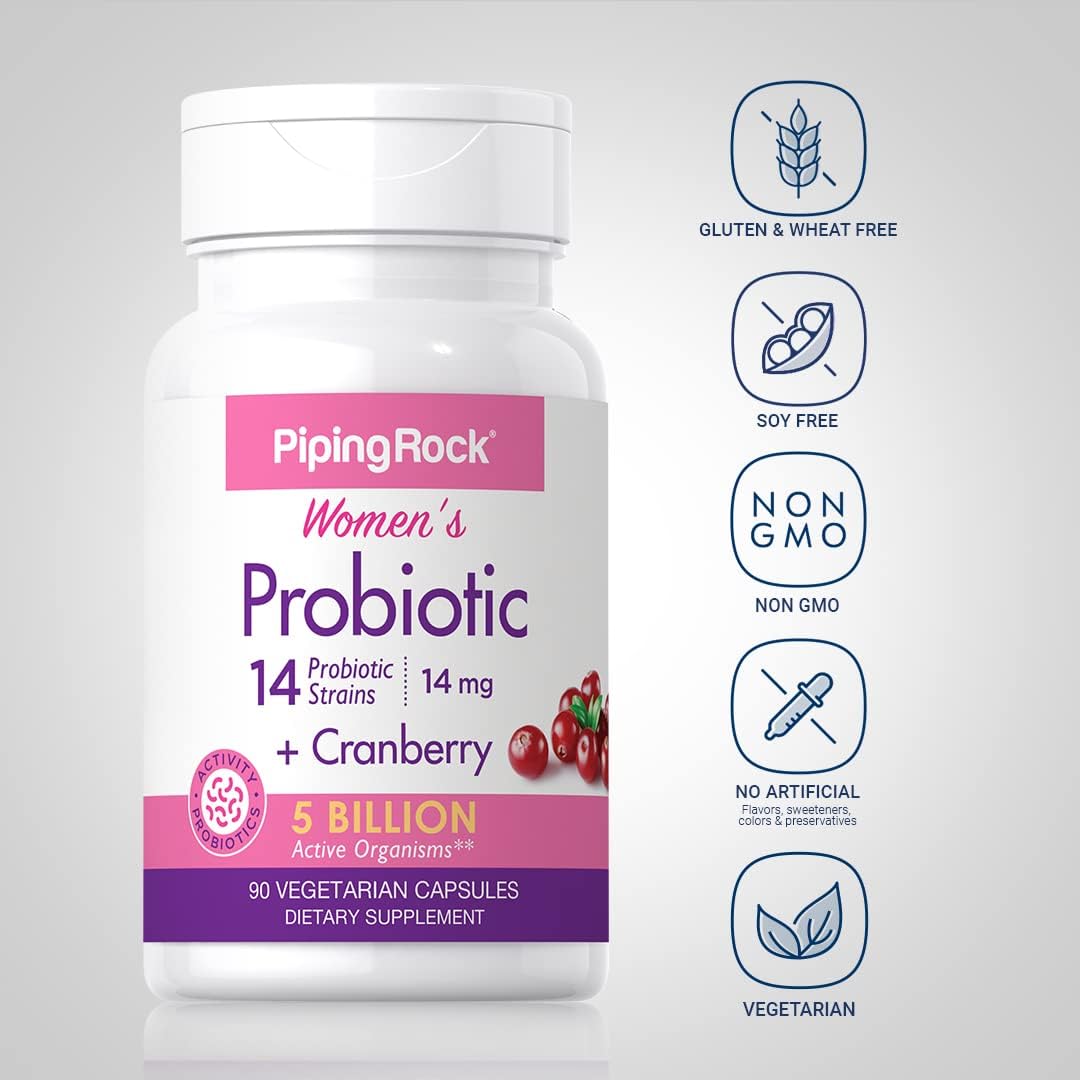 PipingRock Women’s Probiotic 14 Strains with Cranberry – 90 Capsules (5 Billion CFU)