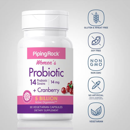 PipingRock Women’s Probiotic 14 Strains with Cranberry – 90 Capsules (5 Billion CFU)